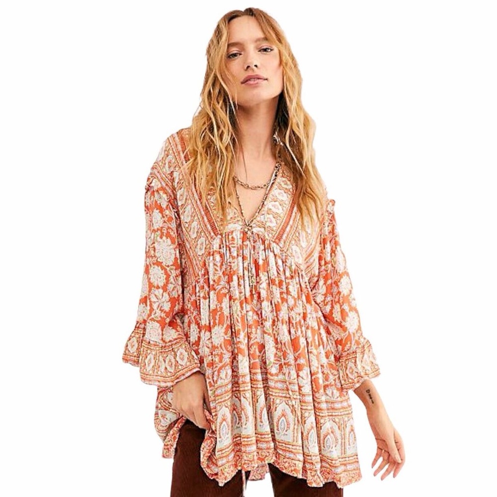 NWT Free People FP Moonlight Dance Tunic Top in Red Coral Combo, Size Large (L)